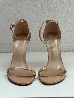 Stuart Weitzman Nudist Sandal Nude Adobe Patent Leather Stiletto Size 7.5